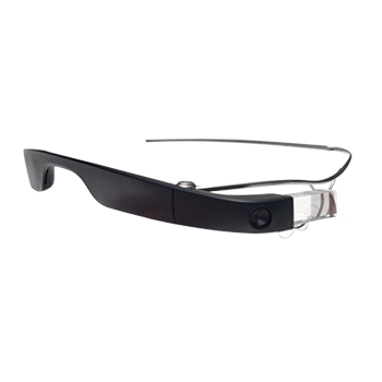 De Google Glass die gebruikt wordt om de rolstoel te besturen.
